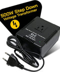 500-Watt Travel Voltage Converter Must-Have Step Down 220V To 110V And 240V To 120V For Hair Straightener Hair Dryer Laptops And Chargers CE Certified With A Three-Year Warranty shown with power cord and label.