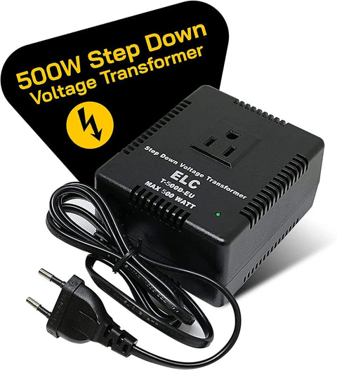 500-Watt Travel Voltage Converter Must-Have Step Down 220V To 110V And 240V To 120V For Hair Straightener Hair Dryer Laptops And Chargers CE Certified With A Three-Year Warranty shown with power cord and label.