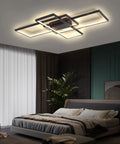 Lit Dimmable LED Ceiling Light With Remote Black Square Flush Mount Fixture in modern bedroom, ceiling view, 80W 43 In