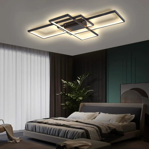 Lit Dimmable LED Ceiling Light With Remote Black Square Flush Mount Fixture in modern bedroom, ceiling view, 80W 43 In