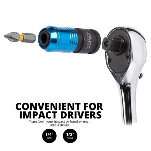 Impact Wrench Adapter Three Eighths Inch Drive Female To One Quarter Inch Hex Converter with blue quick release chuck and bit