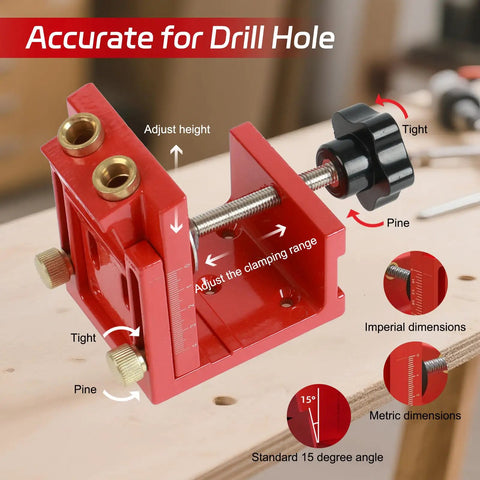 Heavy Duty Aluminum Adjustable Pocket Hole Jig Kit With Laser Engraved Inch And Metric Scales for easy height adjustment and clamping.