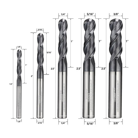 Pro Grade Carbide Ball Nose End Mill Bits Set 1/8 3/16 1/4 5/16 3/8 Inches 5Pcs MAH Coating For Steel on white background