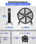 Overall dimensions of Built Heavy 79 Portable Industrial Fan Kicks Your Space Into Gear For Warehouse Gym Or Shop.