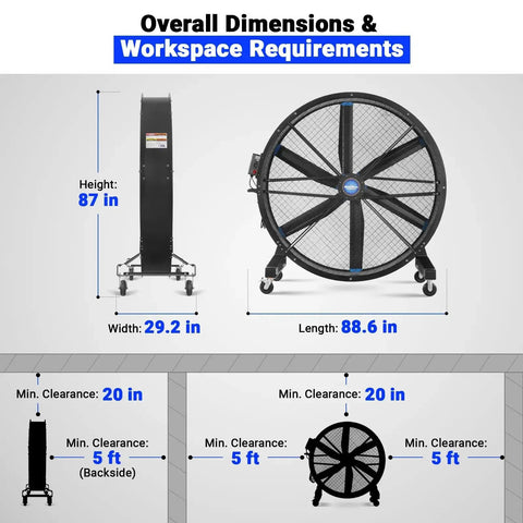 Overall dimensions of Built Heavy 79 Portable Industrial Fan Kicks Your Space Into Gear For Warehouse Gym Or Shop.