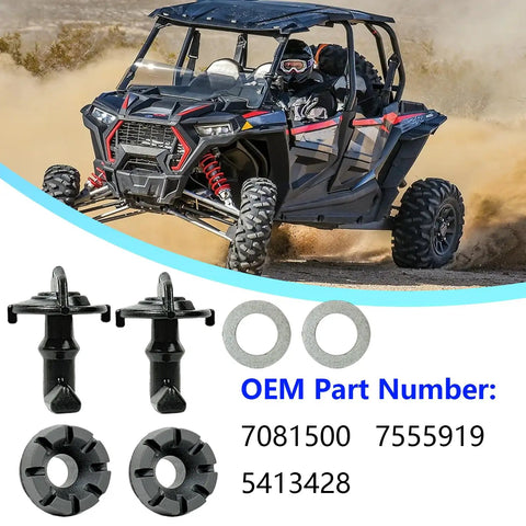 Hood Latch Toggle And Grommet Kit For Polaris RZR 570 800 S XP 900 2 Pack with ABS and rubber components displayed in foreground.