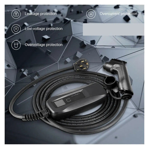 Portable Level 2 EV Charger 32 Amp With 21 Ft Cable 14-50 Outlet, Smart Temperature Control, shown coiled with plug and protections