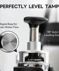 Pro Grade 58.5mm Espresso Tamper With 25Lb Constant Pressure Spring Loaded System shown with 90-degree leveling guard feature.