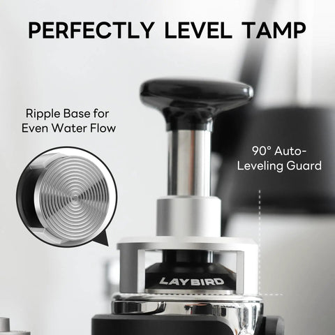 Pro Grade 58.5mm Espresso Tamper With 25Lb Constant Pressure Spring Loaded System shown with 90-degree leveling guard feature.