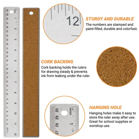Workhorse Stainless Steel Ruler With Non Slip Cork Back Dual Inches And Centimeters Scale for drafting and architecture close-up