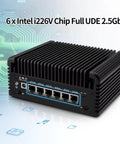 Intel N97 Fanless Mini Computers Networking Appliance with 6 x 2.5GbE ports in black, passive cooling, compact size.