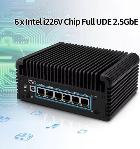 Intel N97 Fanless Mini Computers Networking Appliance with 6 x 2.5GbE ports in black, passive cooling, compact size.