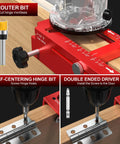Pro Grade Aluminum Door Hinge Jig and Adjustable Mortise Router Template showing router bit, self-centering hinge bit, and driver bit.