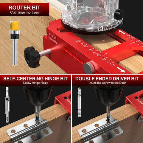 Pro Grade Aluminum Door Hinge Jig and Adjustable Mortise Router Template showing router bit, self-centering hinge bit, and driver bit.