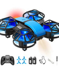 Mini Kids Drone For Indoors And Outdoors RC Quadcopter with LED lights, propeller guards, two batteries, and remote control, blue color.