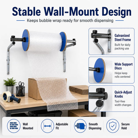 Heavy Duty Wall Mount Bubble Wrap Dispenser Built Tough Industrial Steel Roll Holder with bubble wrap in use.