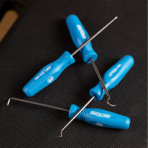 Four Piece Hook And Pick Set HP4A for auto and electrical work, blue handles, alloy steel tools, arranged on black surface