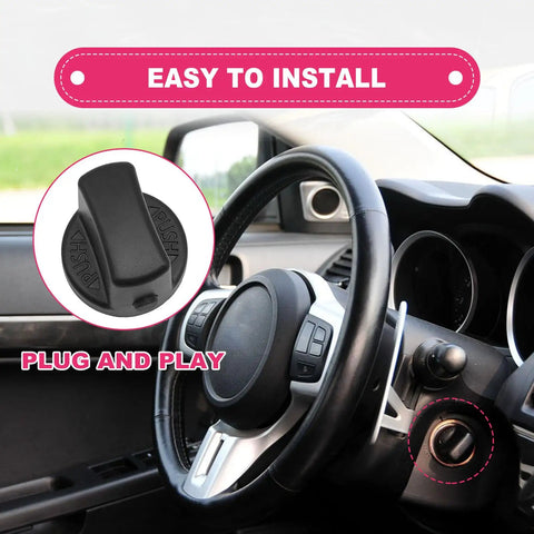 Keyless Ignition Start Button Kit with Push Turn Switch on Mitsubishi Lancer showing installation ease and replacement knob location.