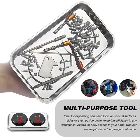 Magnetic Tray Set With Telescoping Magnet Pickup Tool 4 Piece Stainless Steel Round And Rectangular Trays For Screws Nuts Bolts Pro Grade Heavy Duty Automotive Shop Organizer with screws and tools visible.