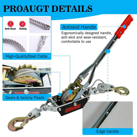 Heavy Duty 4400 Lbs Come Along Winch with 12.14 Ft Steel Cable and Dual Gear System, featuring hooks and antiskid handle