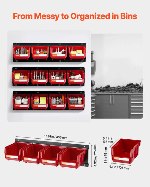 Kick Some Clutter To The Curb With This Rock Solid Set Of Twelve Wall Mounted Plastic Storage Bins And Three Heavy Duty Rails for organizing tools.