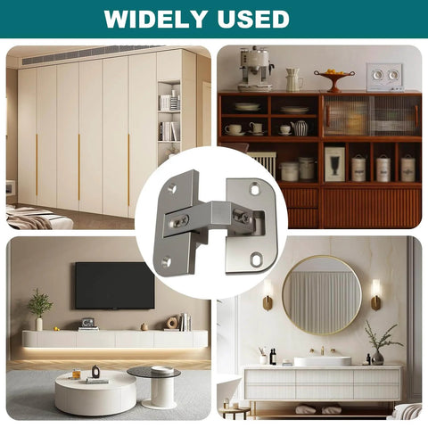 Adjustable Pie Cut Corner Cabinet Hinge With 78 Degree Opening for Lazy Susan and Bifold Doors displayed with various furniture setups
