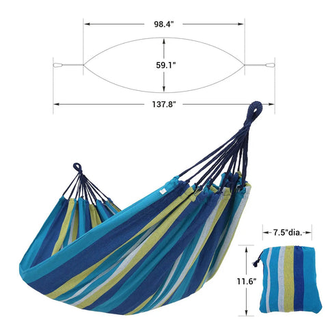 Double Hammock For Two People Outdoor Chill Zone Relaxation 98.4 x 59.1 inches with 660 pound capacity, blue-green stripes.