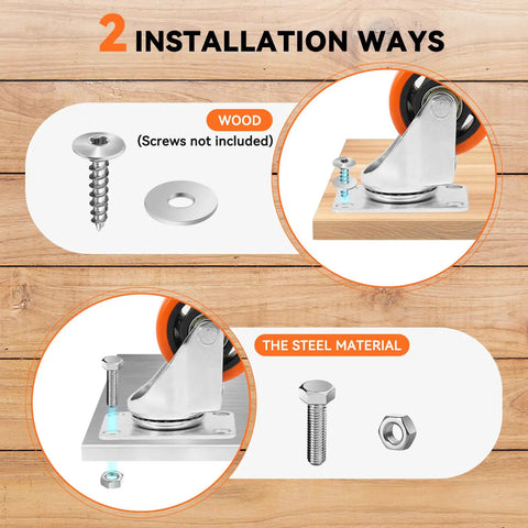 2 installation methods for Heavy Duty Furniture And Workbench Casters Set Of Four Premium Polyurethane Wheels Dual Locking Brakes.