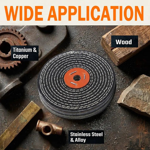 Denim Buffing Wheels Eight Inch By Five Eighth Inch Arbor With Thick Spiral Sewn Design for polishing various materials.