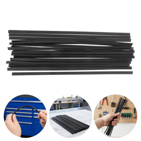 100 Pcs Black Flat Ribbon PP Plastic Welding Rods For Kayak Repair And Car Bumper Auto DIY Kits With Strong Adhesion Easy To Use Plastic Welding Strip Supplies, black PP rods laid out and held by hand