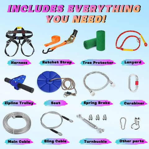 Backyard Zipline Kit For Kids And Adults With Stainless Steel Spring Brake, Cable Tensioning Kit, Harness, Protectors, Accessories