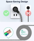 Flat plug of Two Pack Surge Protector Power Strips With Six Outlets And Four USB Ports, showing space-saving design and 5-ft braided cord.