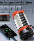 Rechargeable 12000mAh Camping Light With Adjustable Stand And 3 LED Heads, features USB charging with phone connected, orange.