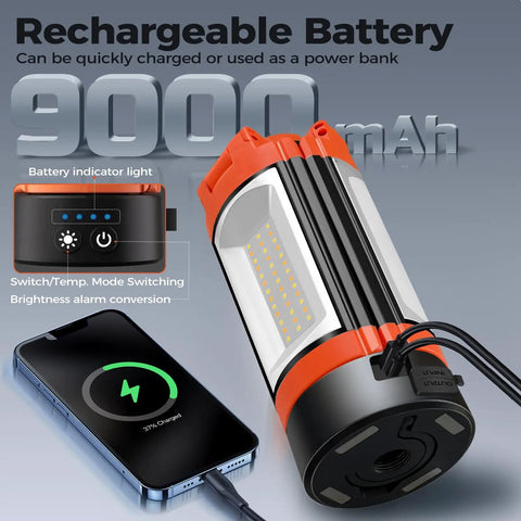 Rechargeable 12000mAh Camping Light With Adjustable Stand And 3 LED Heads, features USB charging with phone connected, orange.