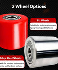 Red PU wheel and alloy steel wheel options for the 180 Degree Swivel Cargo Trolley Skate featuring polyurethane and steel rollers.