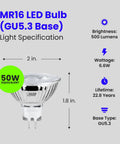 MR16 LED Bulb GU5.3 Base 6-Pack MR16 LED Bulbs 50W Equivalent Dimmable 5000K Daylight, dimensions and specifications shown