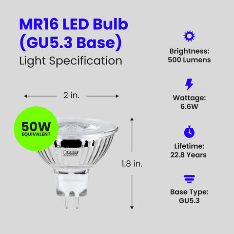 MR16 LED Bulb GU5.3 Base 6-Pack MR16 LED Bulbs 50W Equivalent Dimmable 5000K Daylight, dimensions and specifications shown