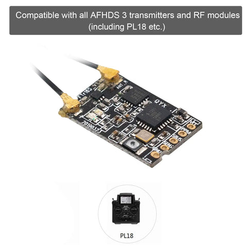 Close-up of AFHDS3 2.4GHz 16 Channel RC Receiver With Dual Antennas showing circuit board details and PL18 compatibility.