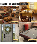 Image collage showing various settings including man cave, dining room, outdoor entrance, and billiard room with decor.