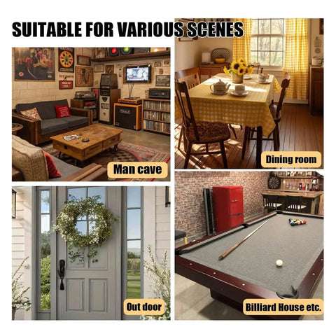 Image collage showing various settings including man cave, dining room, outdoor entrance, and billiard room with decor.