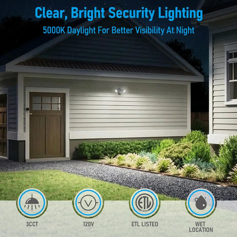 3CCT LED Security Light With Motion Sensor For Outdoor Use Dusk To Dawn Flood Light No Brainer ETL Listed IP65 Waterproof Aluminum Adjustable Heads 3000K 4000K 5000K Selectable Triple Operation Mode