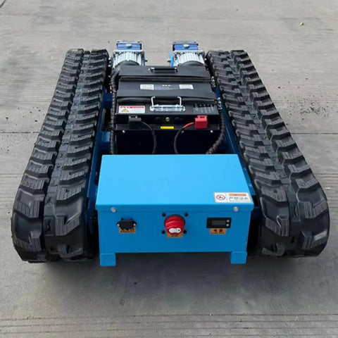 Remote Control Heavy Duty Equipment Transport Dolly With Motorized Skates For Hauling Industrial Machinery And Big Gear Like A Boss On Smooth, Safe, Effortless Roll., blue steel tracked dolly with wired controls on concrete