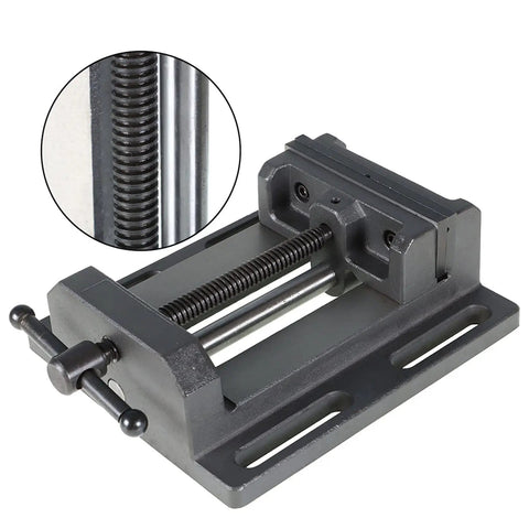 Pro Grade 6 Inch Heavy Duty Low Profile Drill Press Vise with detailed view of sturdy steel thread for precision drilling.