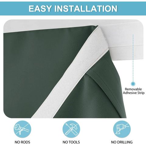 Easy No Drill Install French Door Curtain Panel, 69 Inch Length, Dark Green Room Darkening Window Covering with adhesive strap