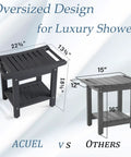 Comparison of 22.8 Inch Shower Bench With Handles to a smaller stool, highlighting dimensions and storage shelf.