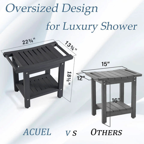 Comparison of 22.8 Inch Shower Bench With Handles to a smaller stool, highlighting dimensions and storage shelf.