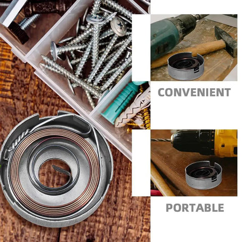 Top Shelf Drill Press Quill Return Spring Assembly With Reinforced Steel Cap For Smooth Bench Feed Recovery And No Nonsense Stationary Tool Repair Upgrades Measuring Two Point Zero Four Inches in toolbox with screws and drill.