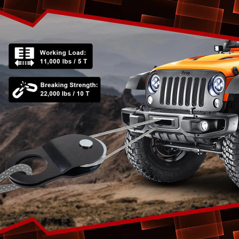 10 Ton Winch Snatch Block For Offroad Recovery Beefy Heavy Duty Towing Pulley With 22000 Lbs Capacity Works With Steel Cable Or Synthetic Winch Rope Rugged Truck And Tractor Recovery Accessory Black on off-road Jeep with steel cable