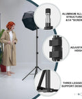Two Pack 7 Ft Light Stands For Photography And Video with adjustable height and aluminum alloy, shown in studio setup with model