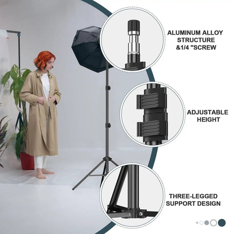 Two Pack 7 Ft Light Stands For Photography And Video with adjustable height and aluminum alloy, shown in studio setup with model